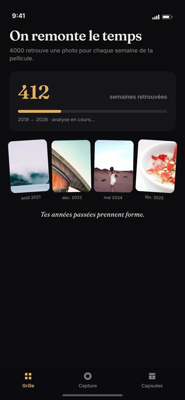 Écran d'import rétroactif : 412 semaines retrouvées entre 2019 et 2026, photos datées à l'appui